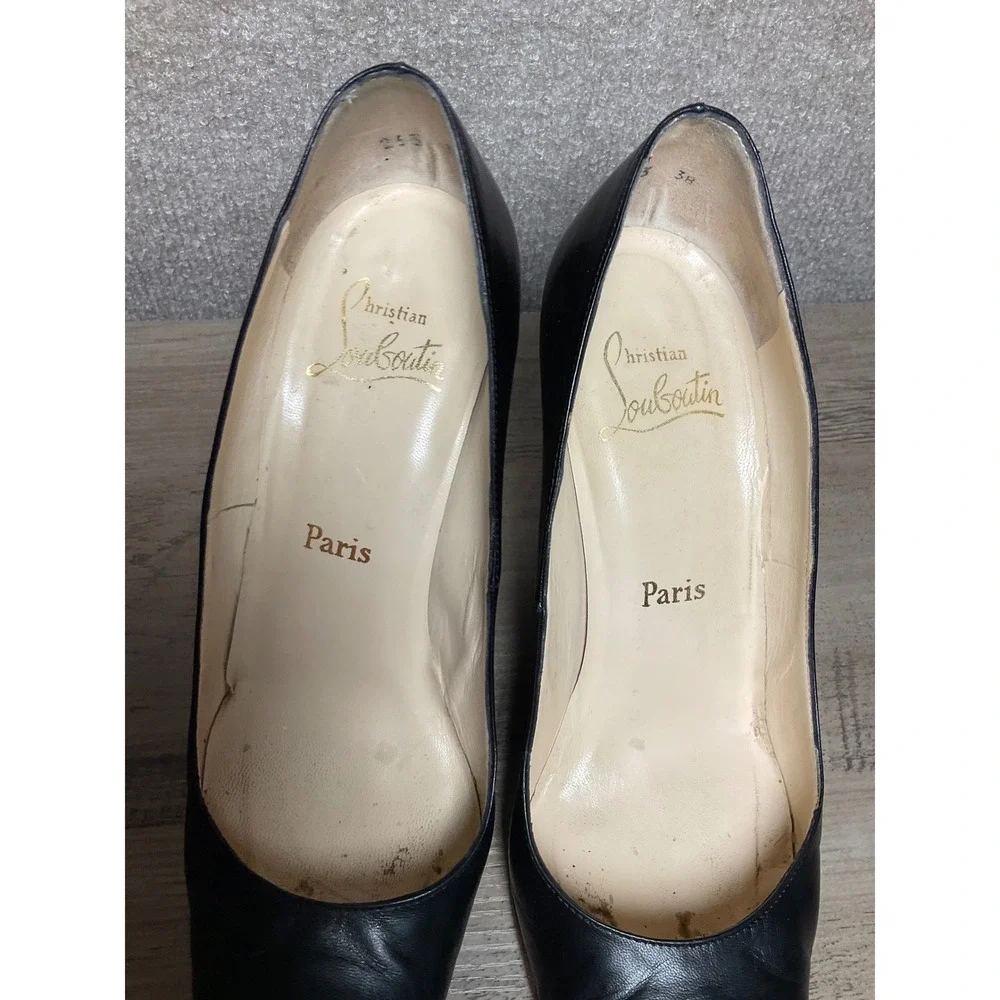 Christian Louboutin Black Leather Round Toe Wood Wedge Heel Pumps Red Sole 38